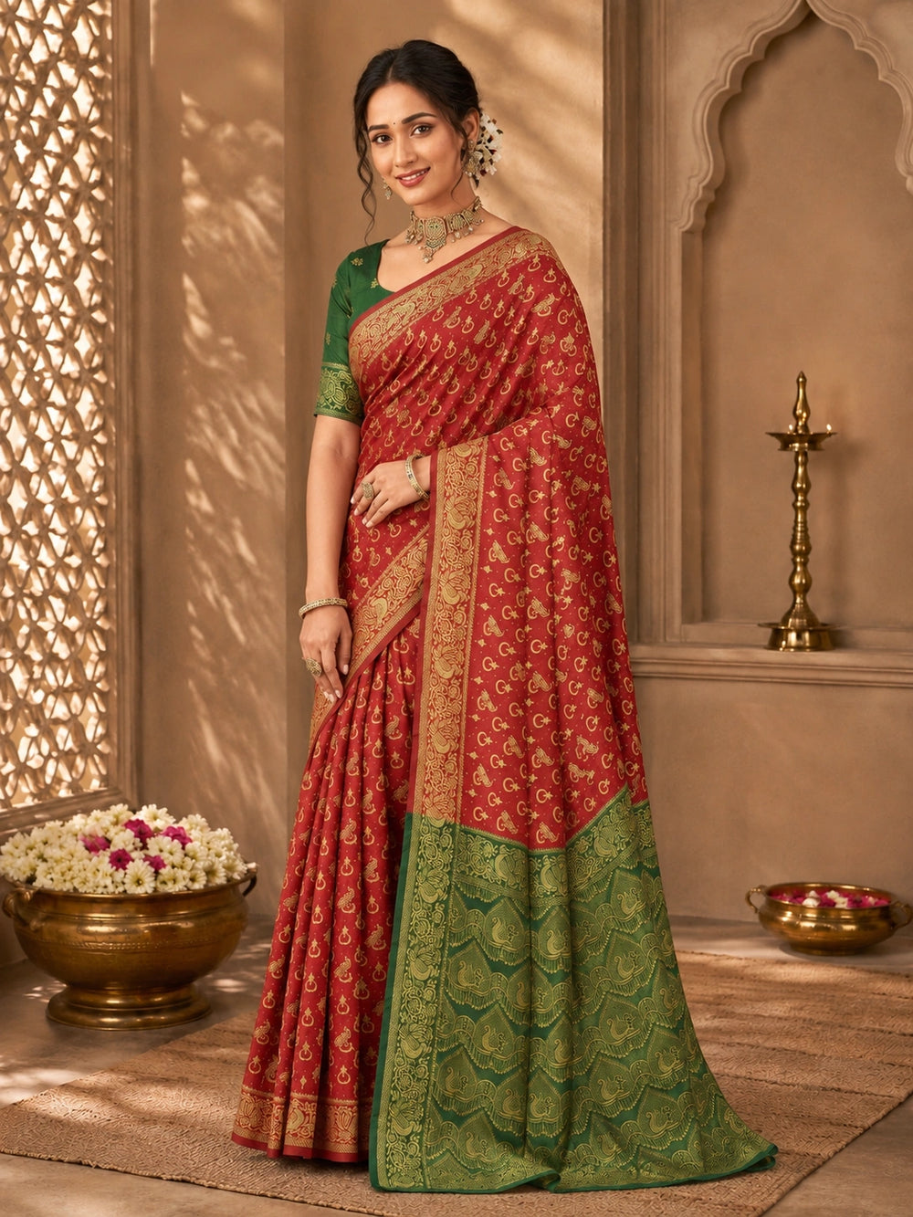 Red & Green Zari Woven Silk Saree
