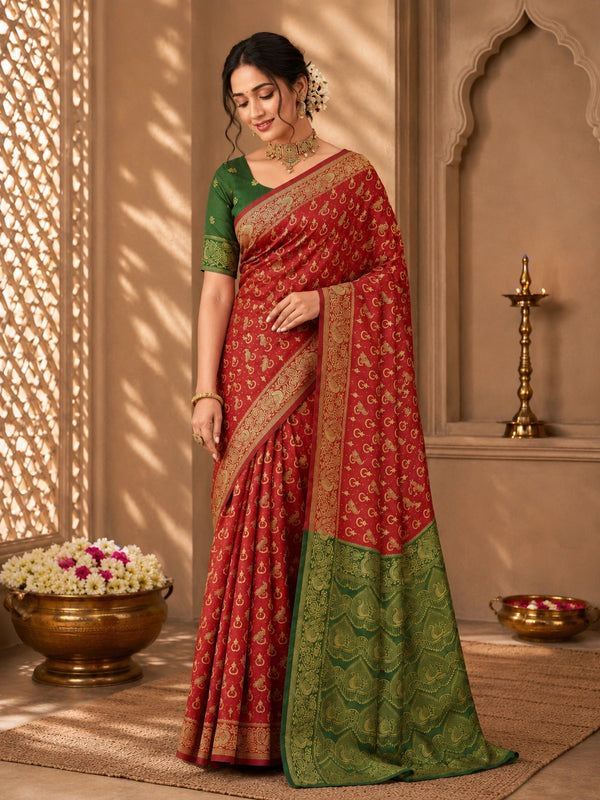 Red & Green Zari Woven Silk Saree