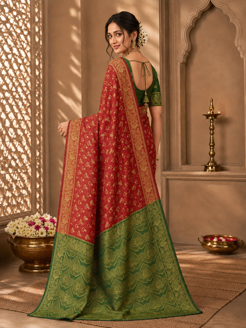 Red & Green Zari Woven Silk Saree