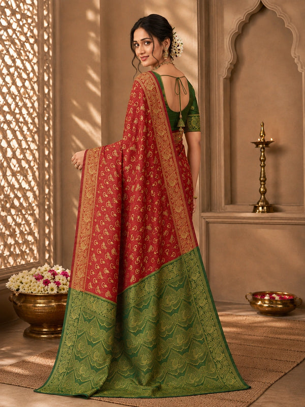 Red & Green Zari Woven Silk Saree