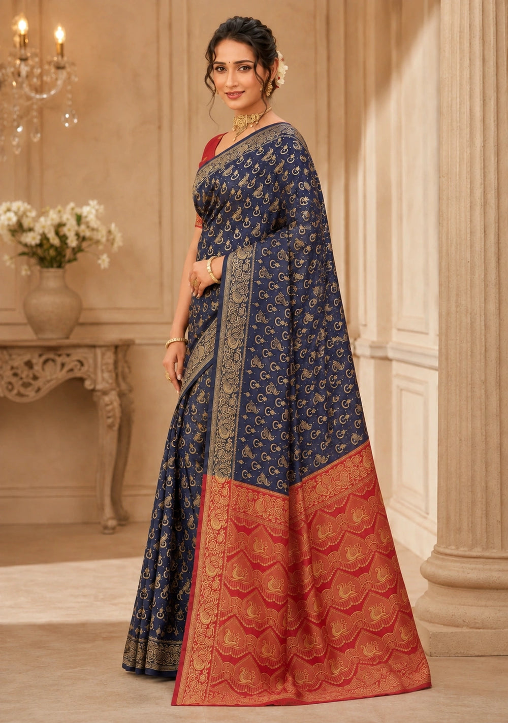 Navy Blue & Red Zari Woven Silk Saree