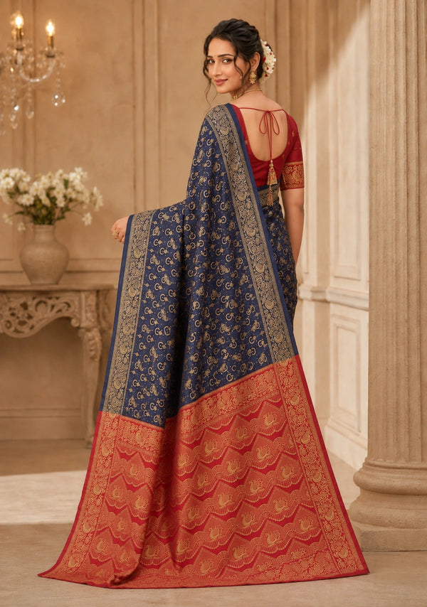 Navy Blue & Red Zari Woven Silk Saree