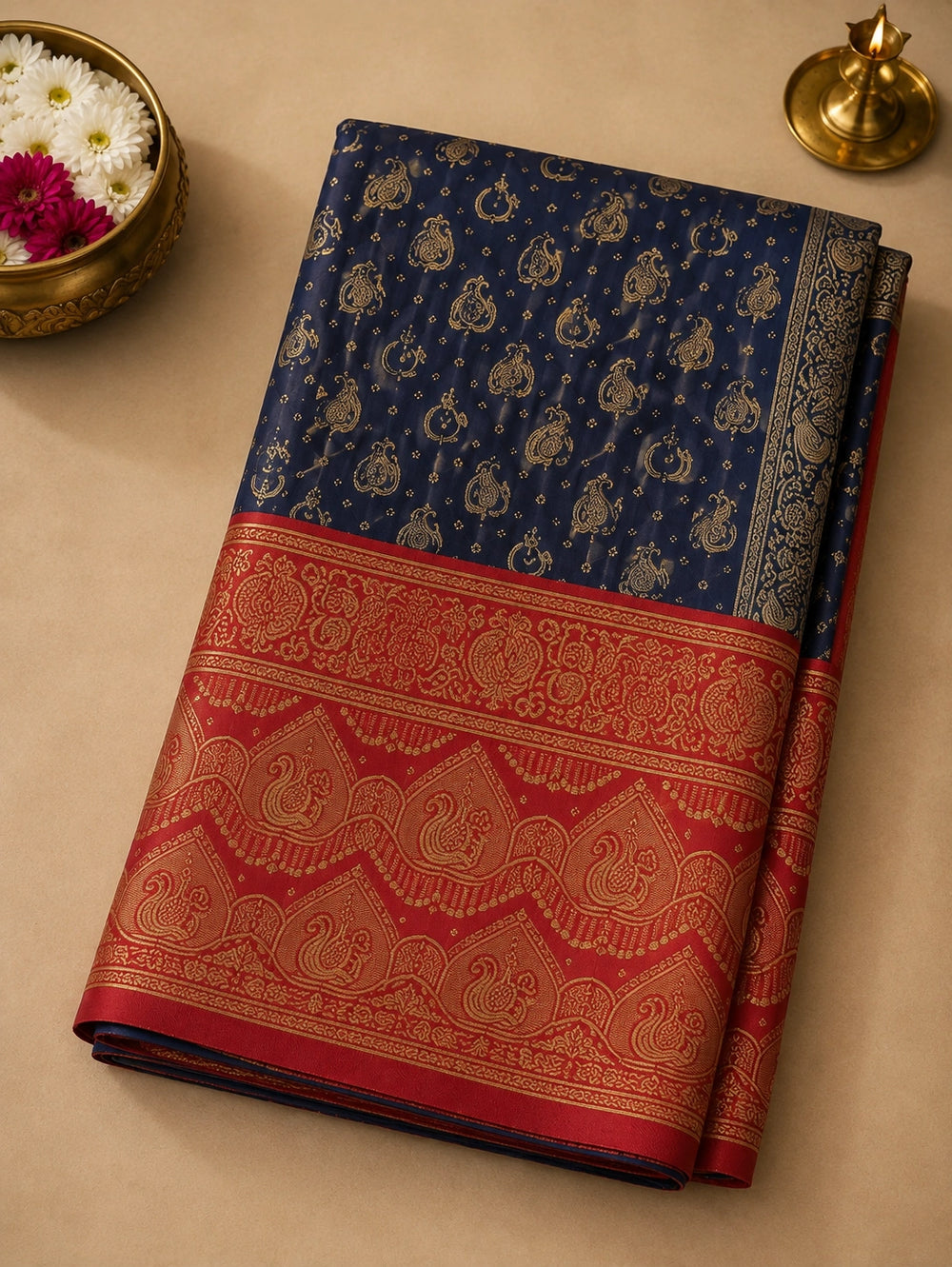 Navy Blue & Red Zari Woven Silk Saree
