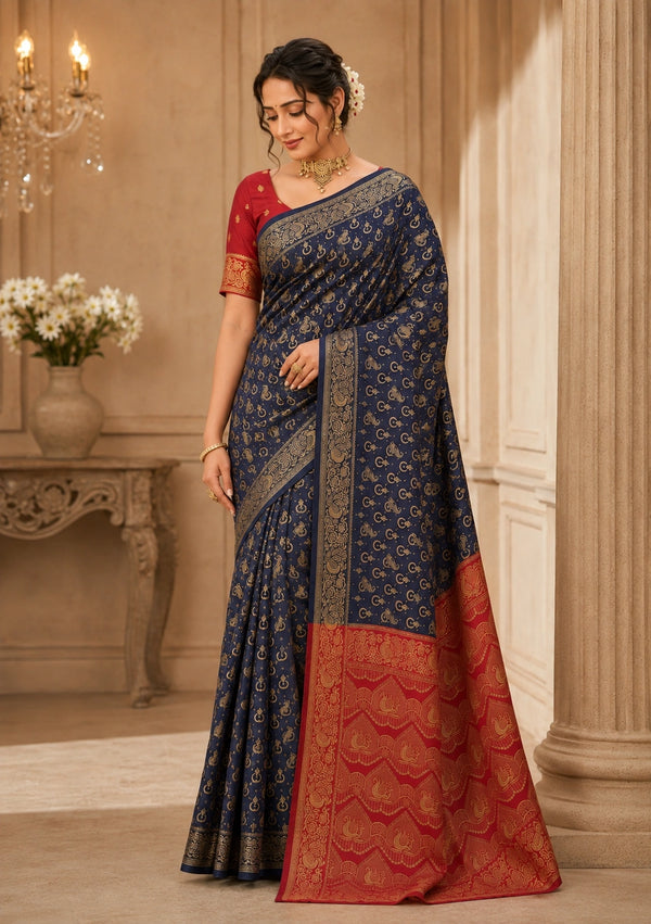 Navy Blue & Red Zari Woven Silk Saree
