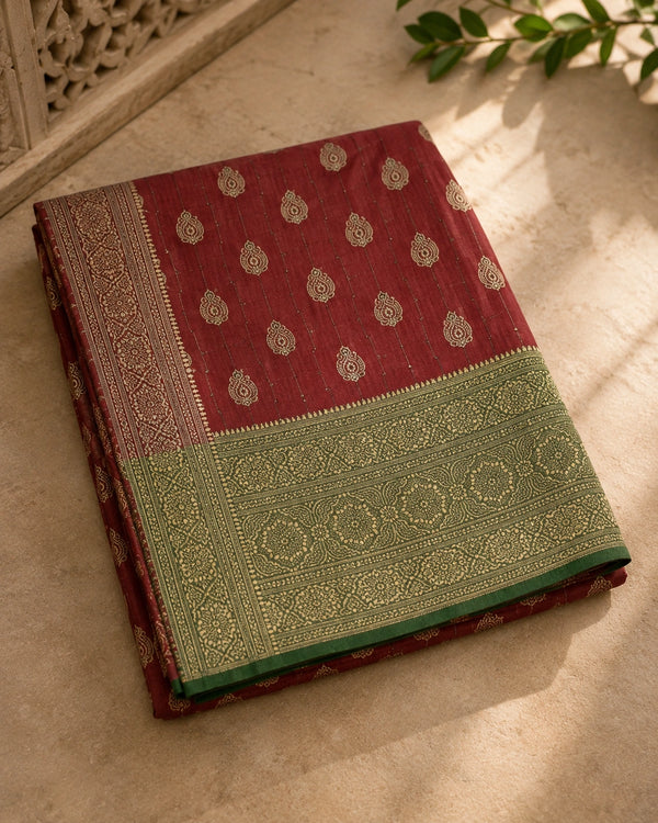 Elegant Maroon & Green Zari Woven Traditional Saree