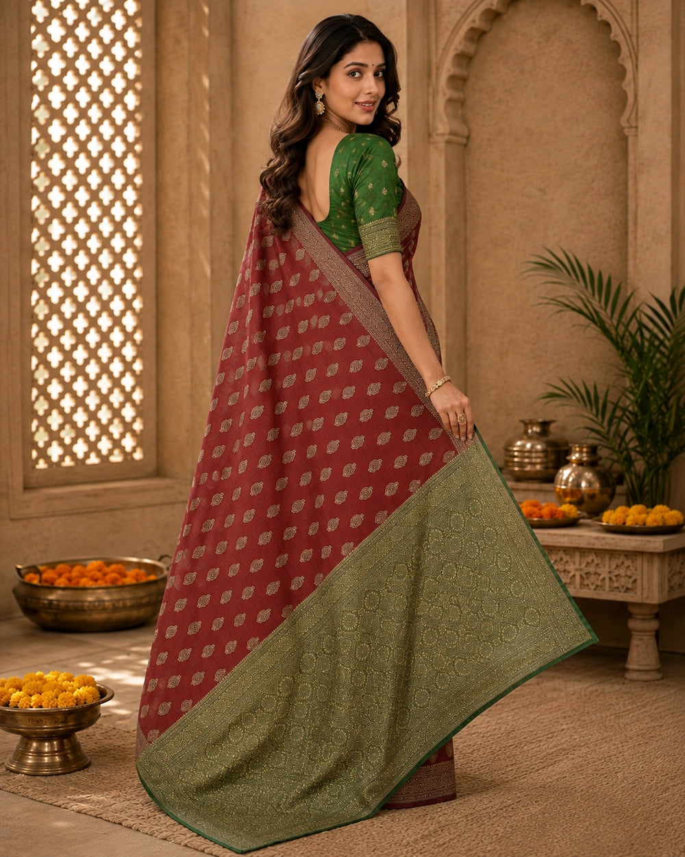 Elegant Maroon & Green Zari Woven Traditional Saree
