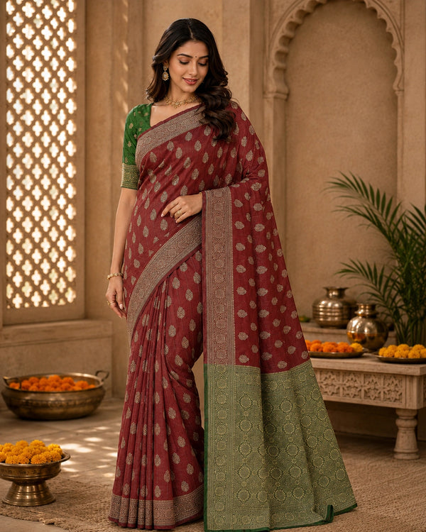 Elegant Maroon & Green Zari Woven Traditional Saree