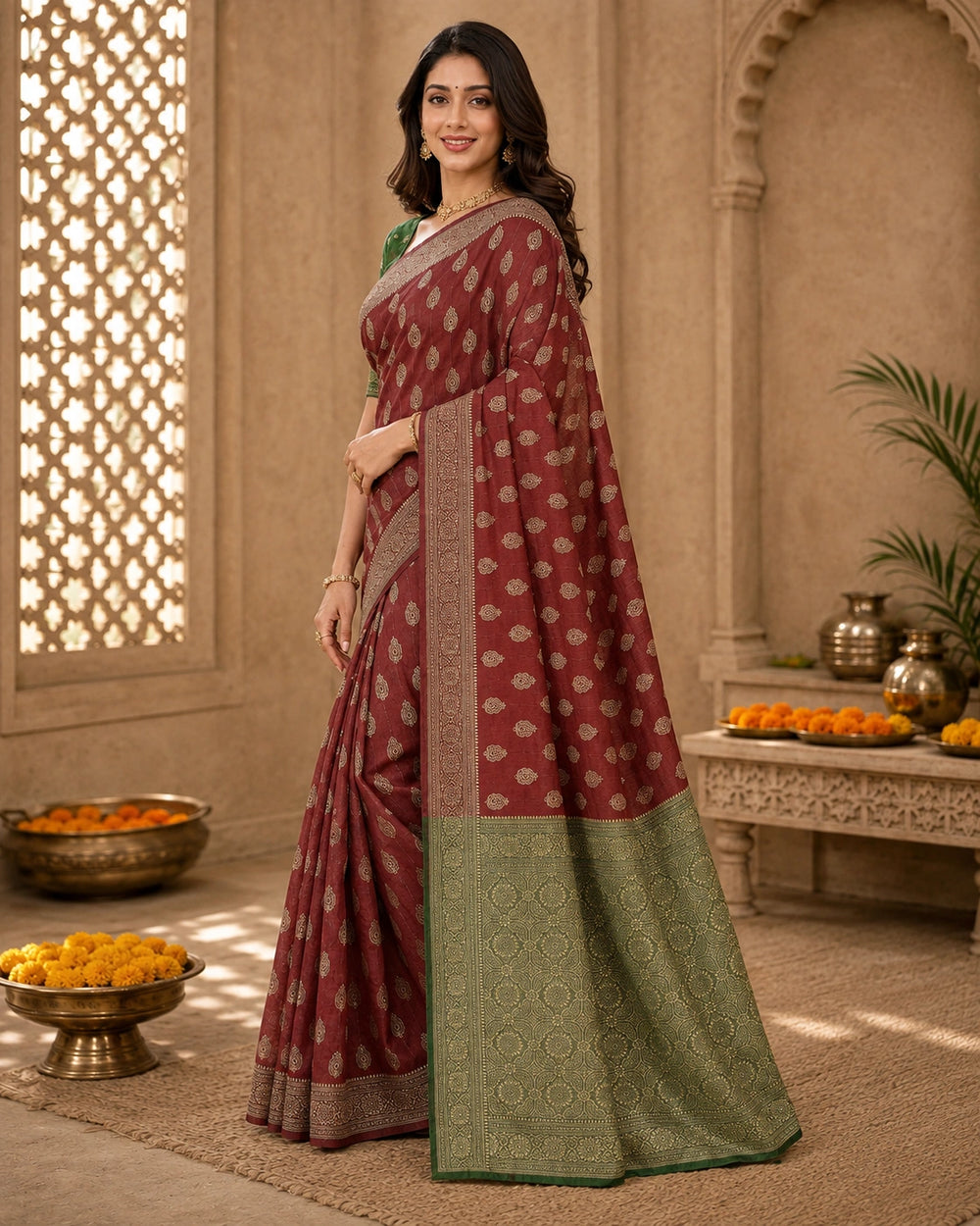 Elegant Maroon & Green Zari Woven Traditional Saree
