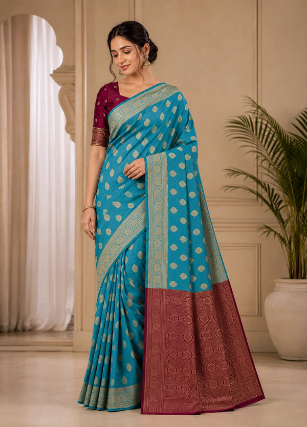 Teal Blue & Magenta Zari Woven Silk Saree