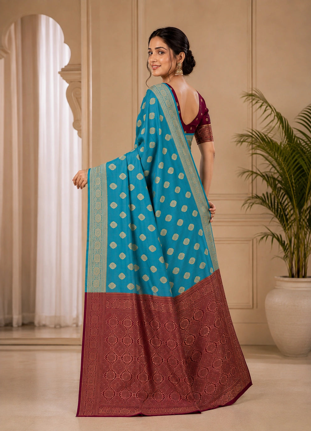 Teal Blue & Magenta Zari Woven Silk Saree