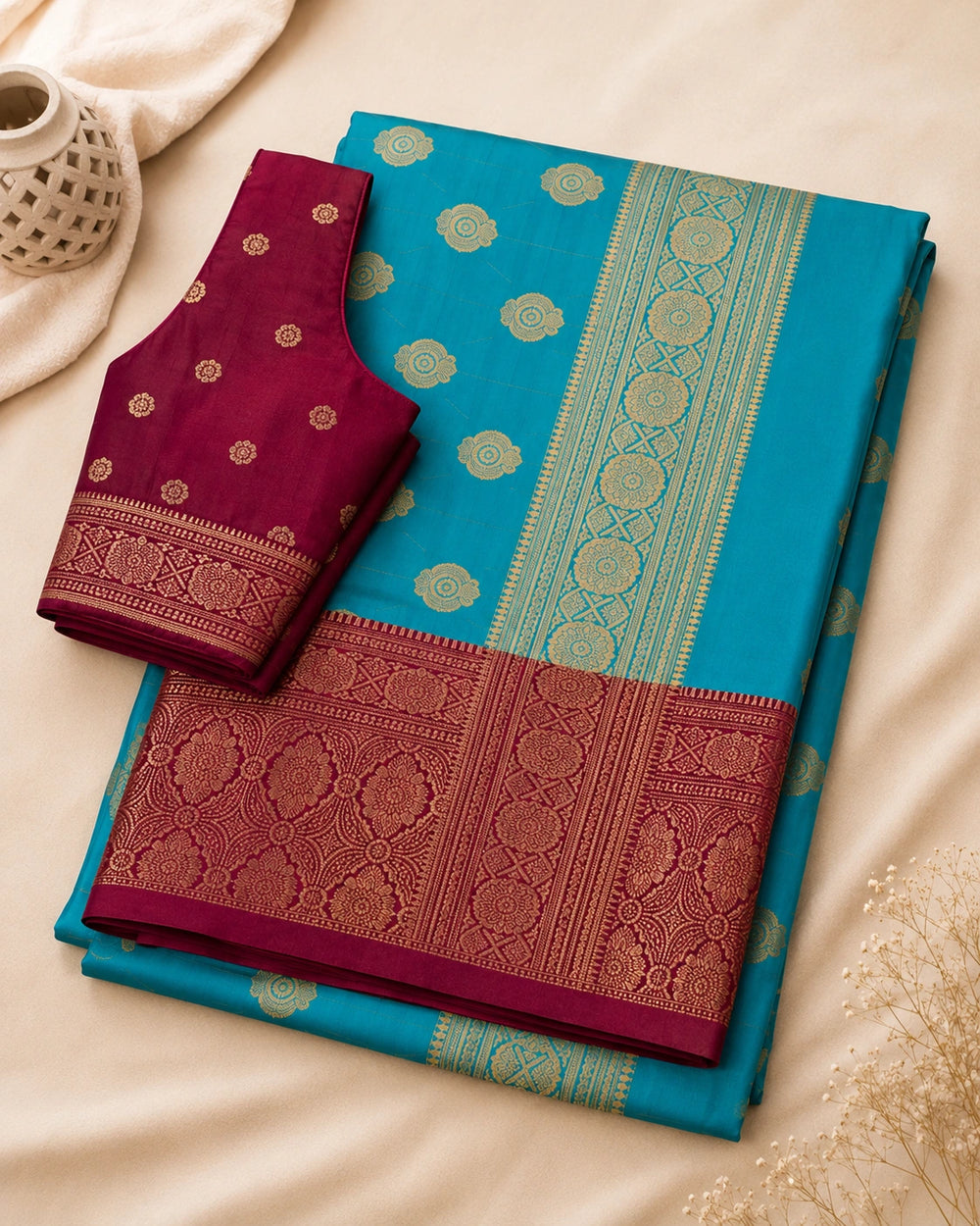 Teal Blue & Magenta Zari Woven Silk Saree