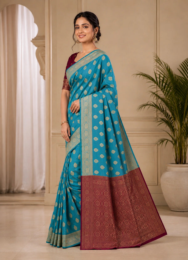 Teal Blue & Magenta Zari Woven Silk Saree