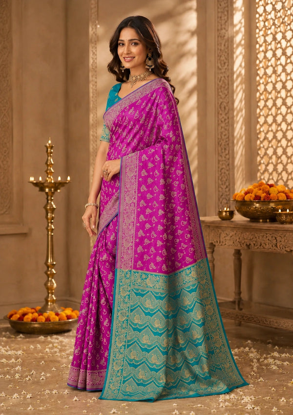 Magenta Pink & Teal Blue Woven Silk Saree