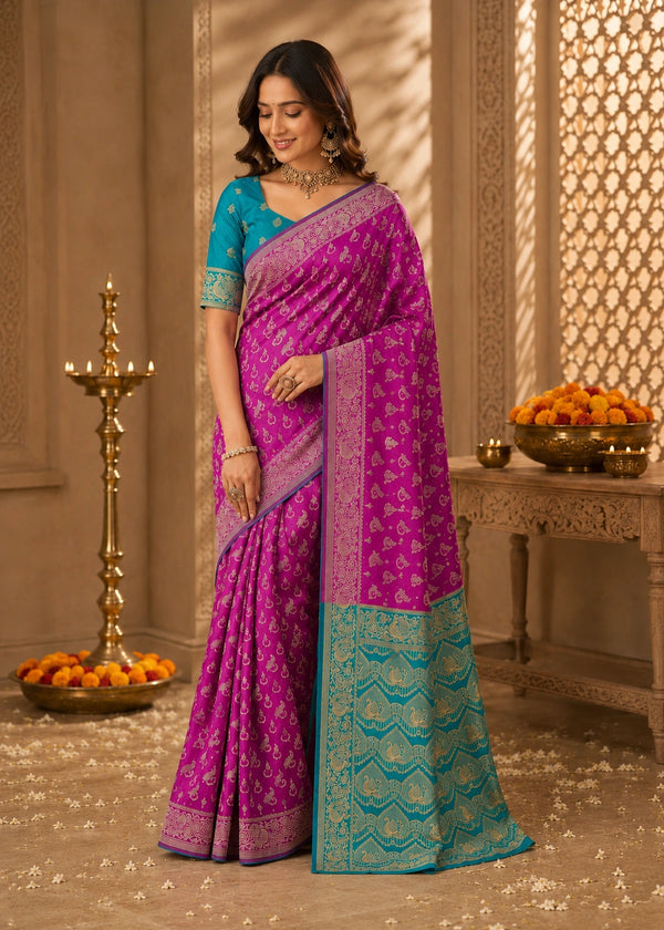 Magenta Pink & Teal Blue Woven Silk Saree