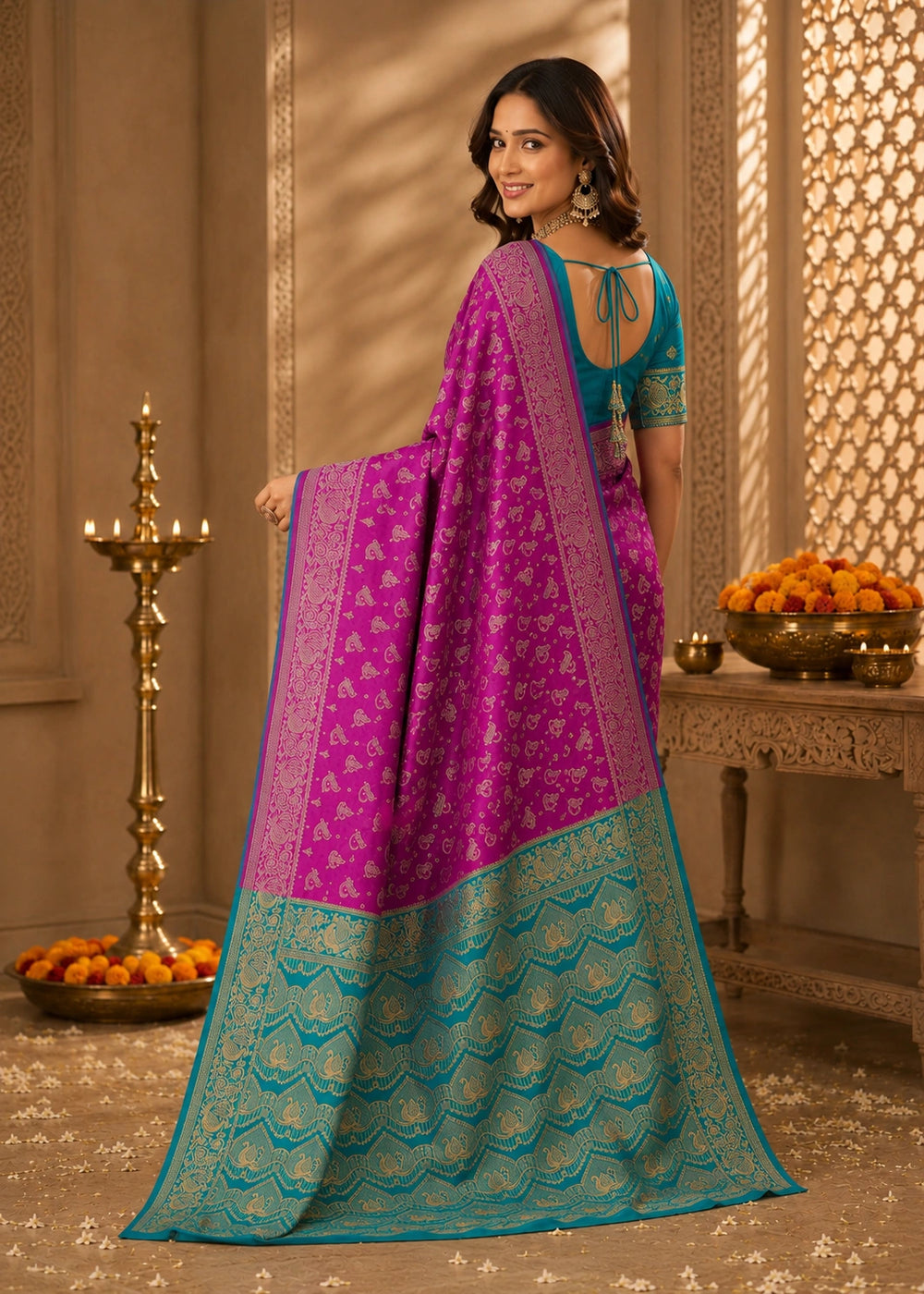 Magenta Pink & Teal Blue Woven Silk Saree
