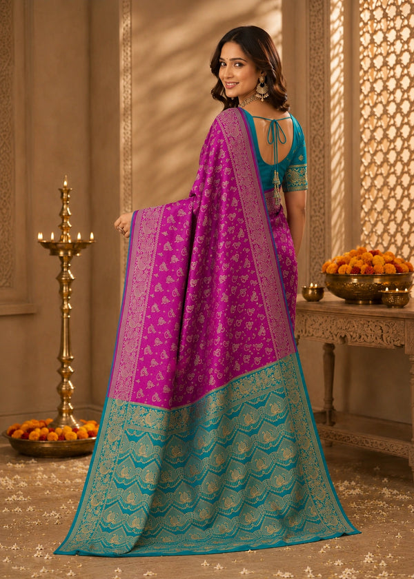 Magenta Pink & Teal Blue Woven Silk Saree
