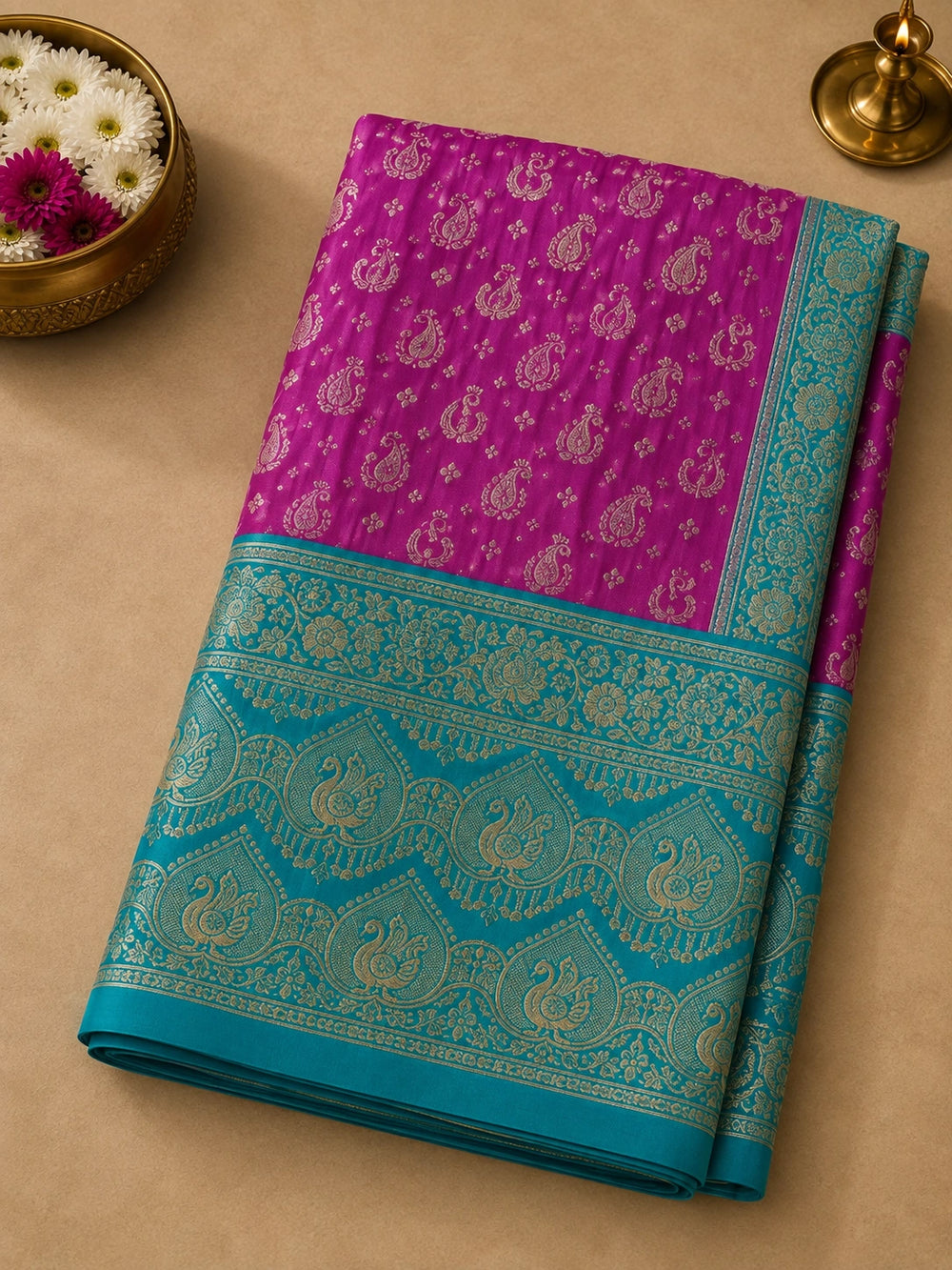 Magenta Pink & Teal Blue Woven Silk Saree