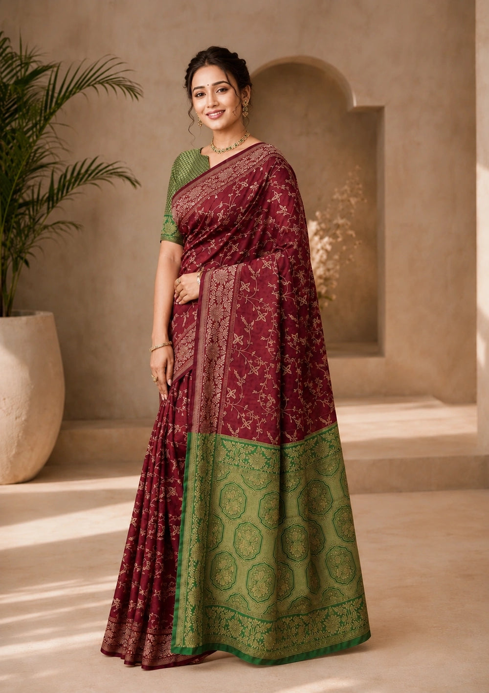 Maroon & Olive Green Woven Silk Saree