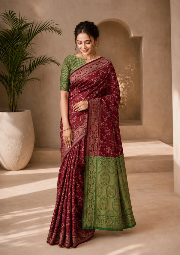Maroon & Olive Green Woven Silk Saree
