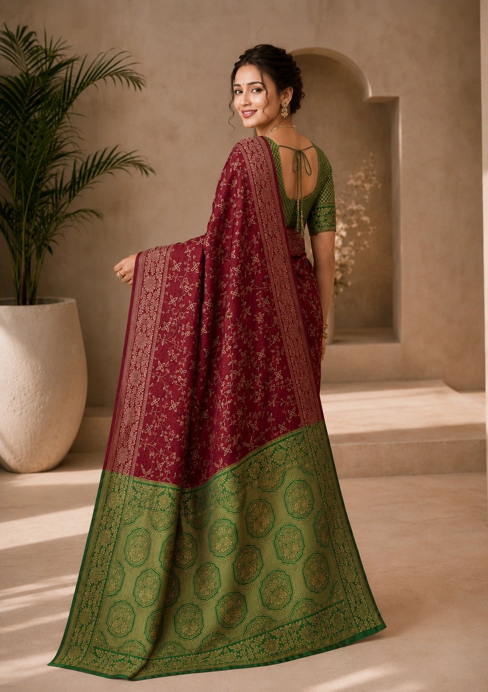 Maroon & Olive Green Woven Silk Saree