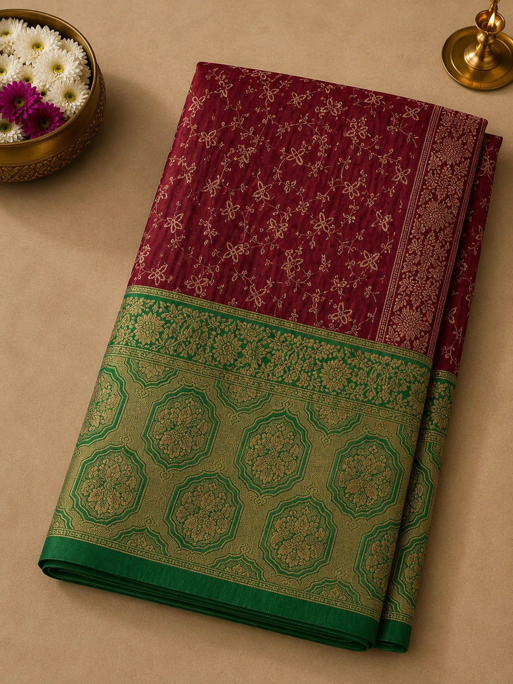 Maroon & Olive Green Woven Silk Saree