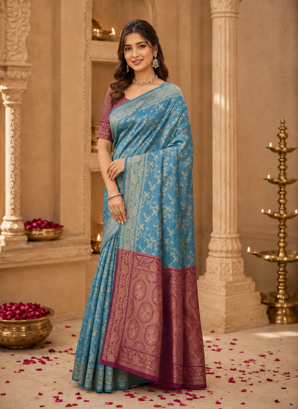 Sky Blue & Wine Zari Woven Silk Saree