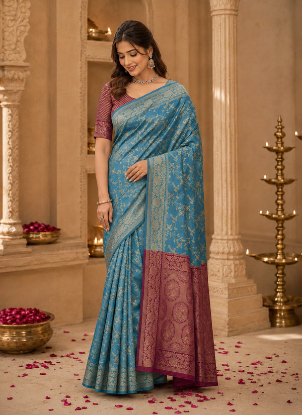 Sky Blue & Wine Zari Woven Silk Saree