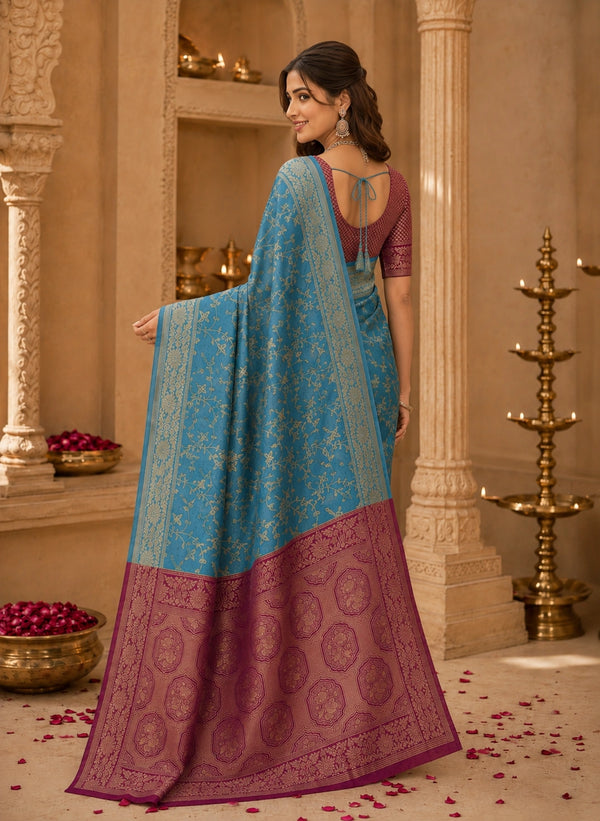 Sky Blue & Wine Zari Woven Silk Saree