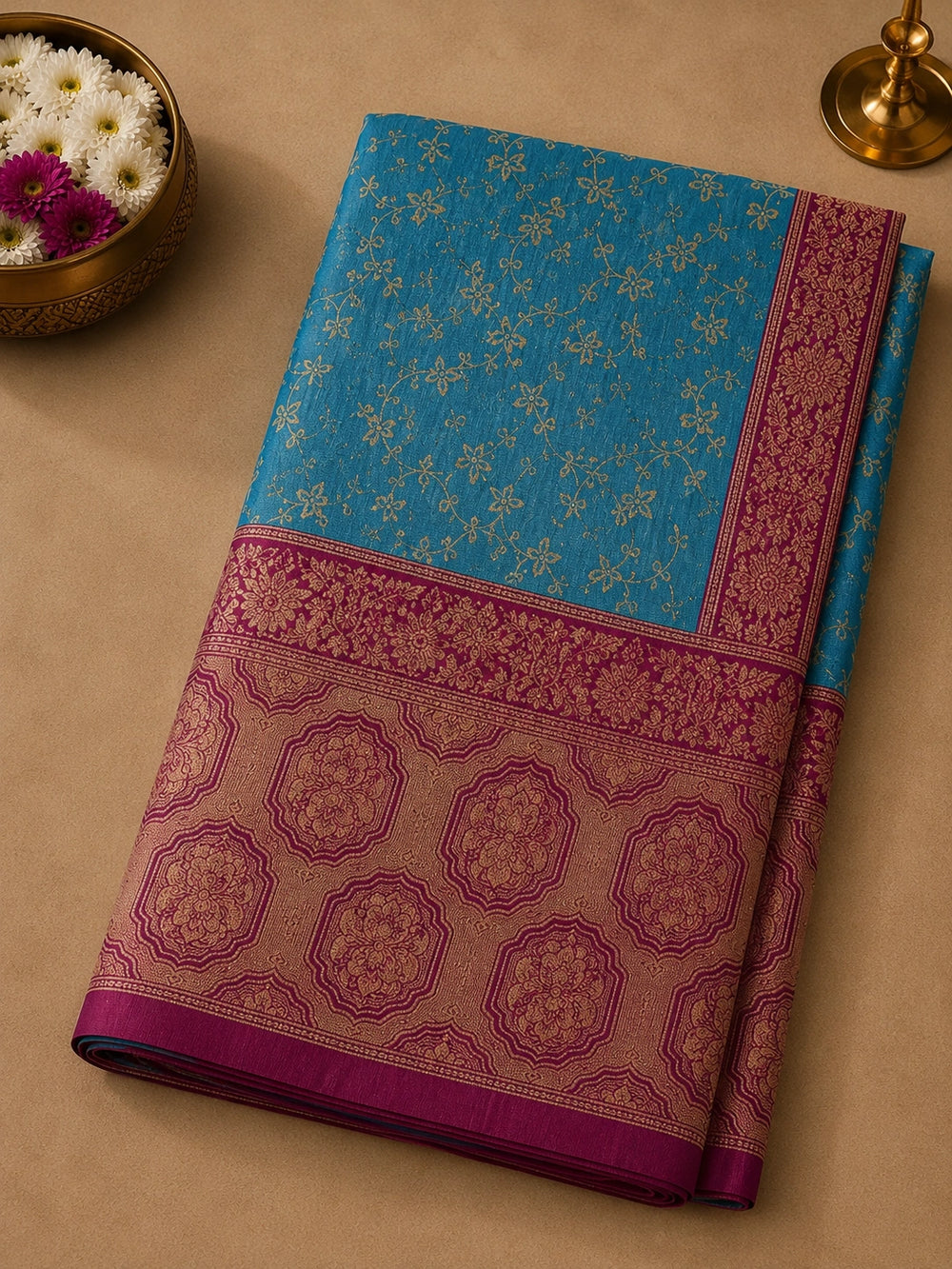 Sky Blue & Wine Zari Woven Silk Saree