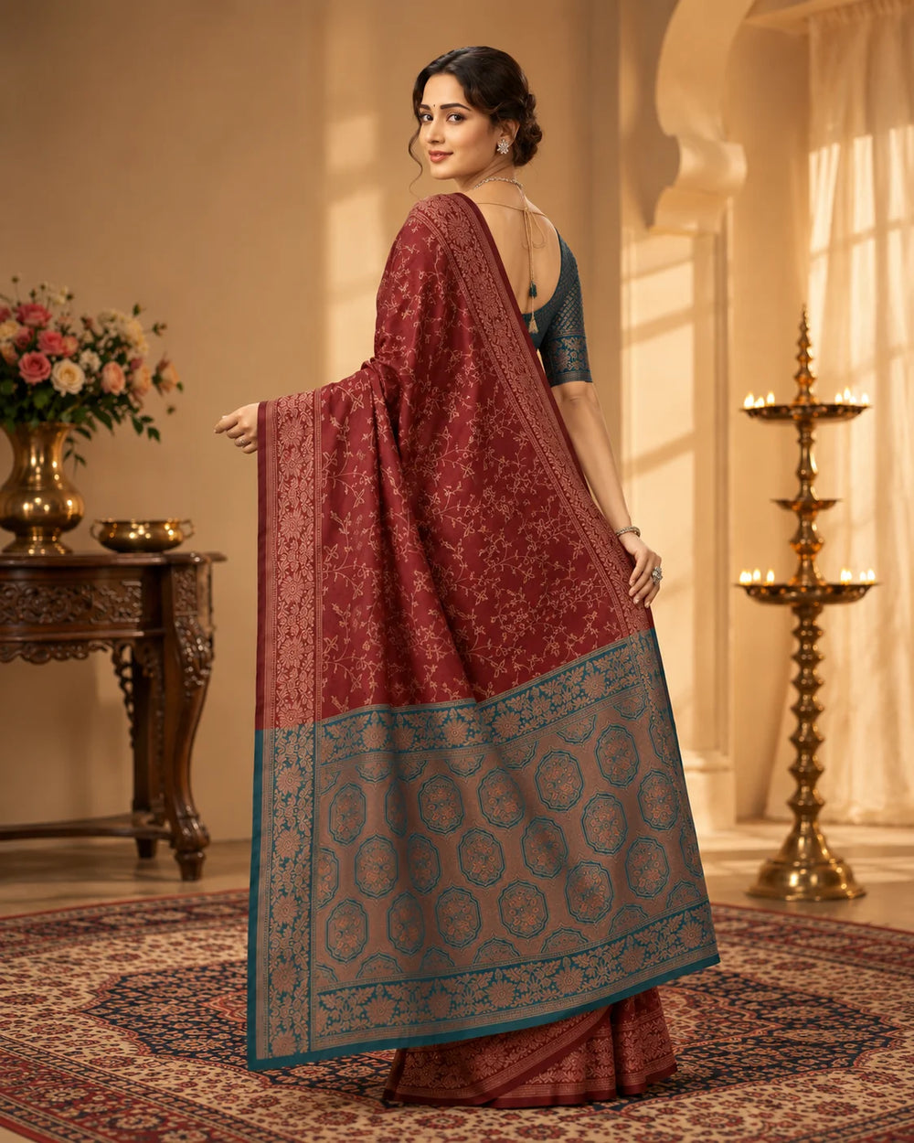 Maroon & Teal Blue Woven Silk Saree