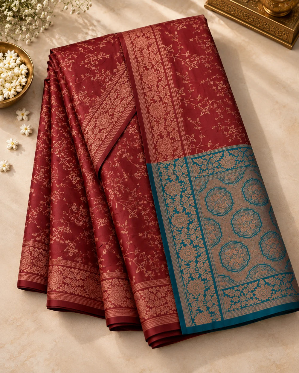 Maroon & Teal Blue Woven Silk Saree