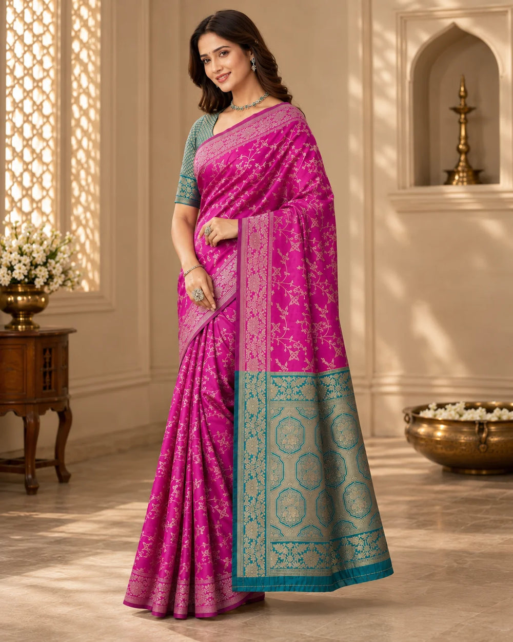 Magenta Pink & Teal Blue Woven Silk Saree