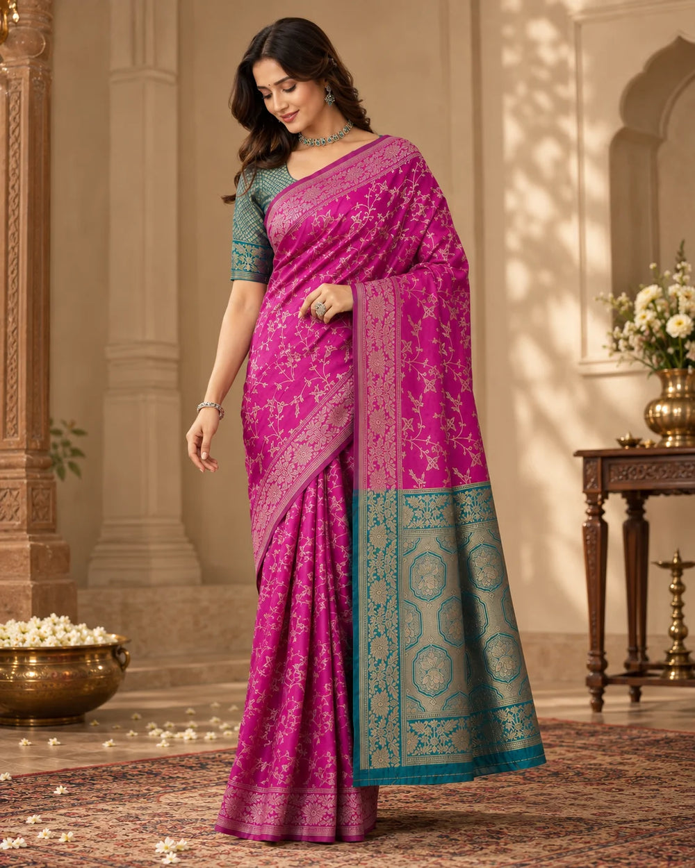 Magenta Pink & Teal Blue Woven Silk Saree
