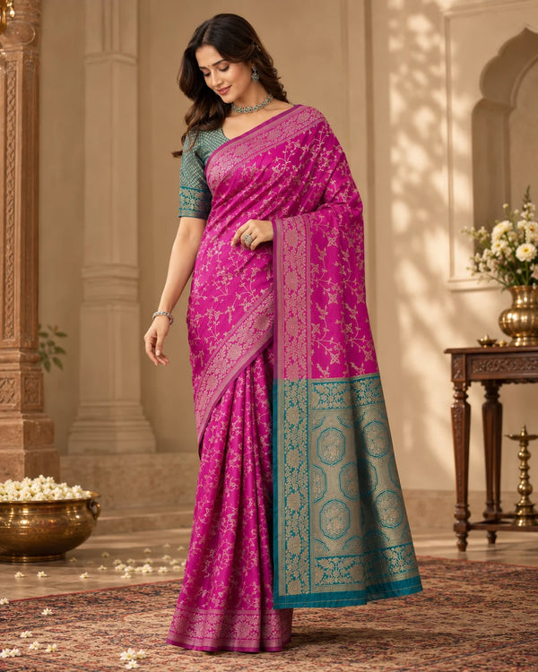 Magenta Pink & Teal Blue Woven Silk Saree