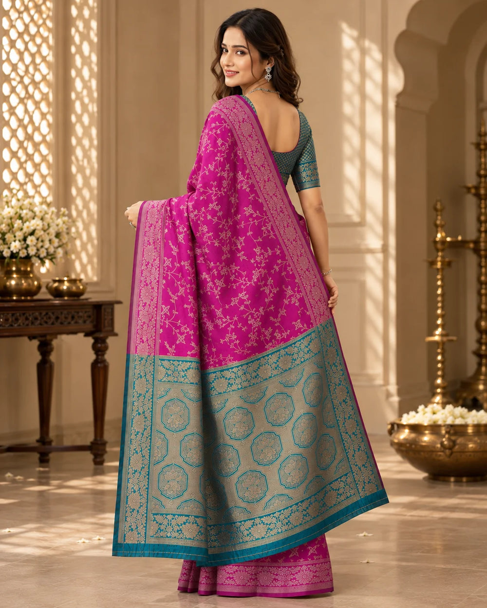 Magenta Pink & Teal Blue Woven Silk Saree