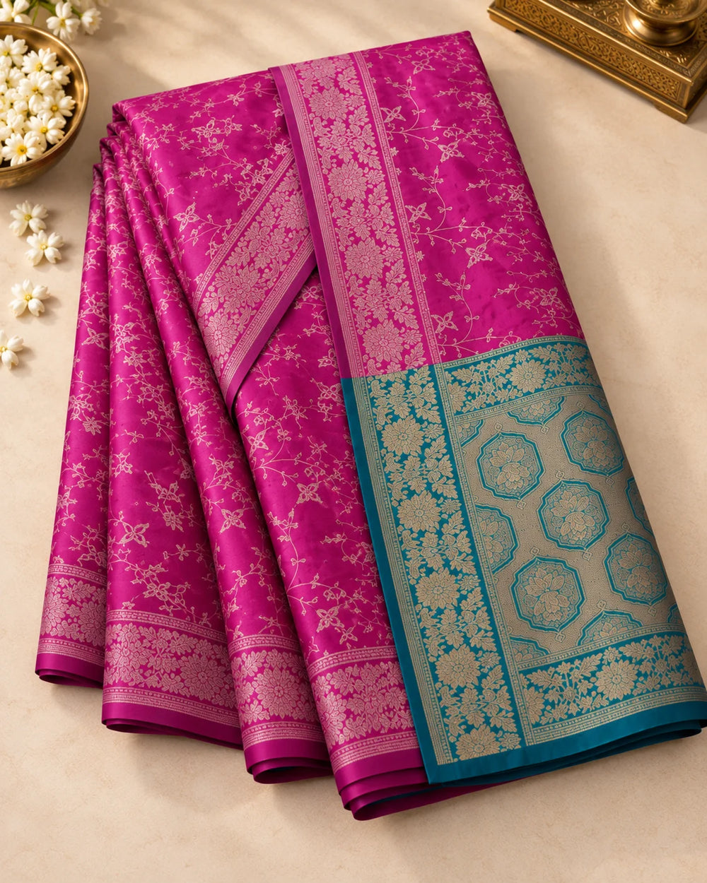 Magenta Pink & Teal Blue Woven Silk Saree