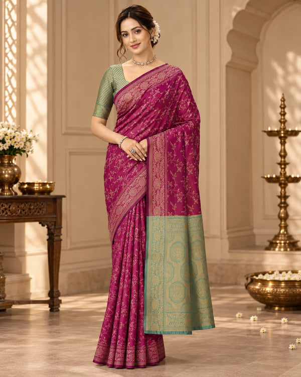 Wine Magenta & Sage Green Woven Silk Saree