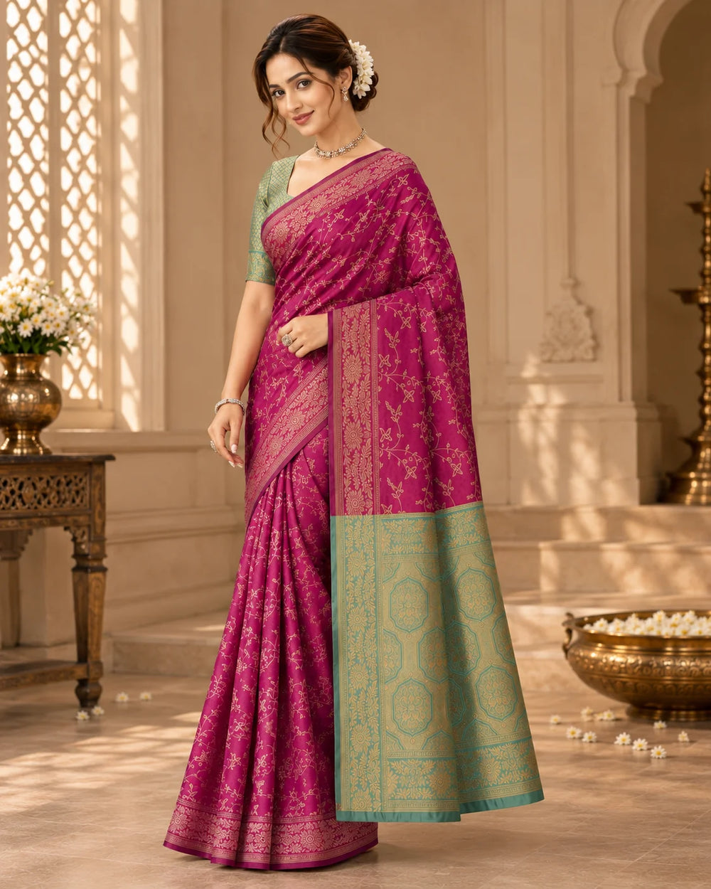 Wine Magenta & Sage Green Woven Silk Saree