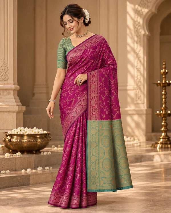 Wine Magenta & Sage Green Woven Silk Saree