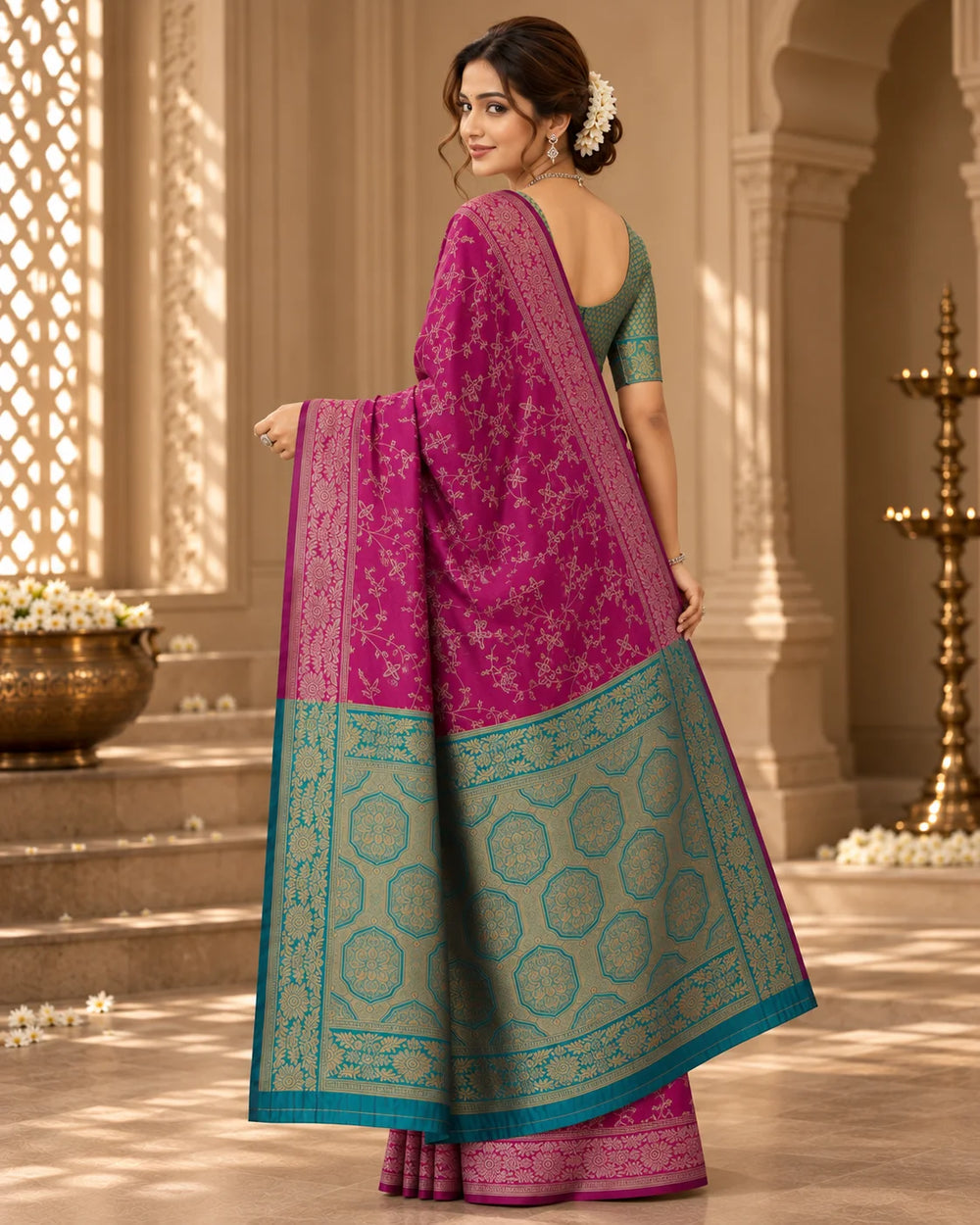 Wine Magenta & Sage Green Woven Silk Saree
