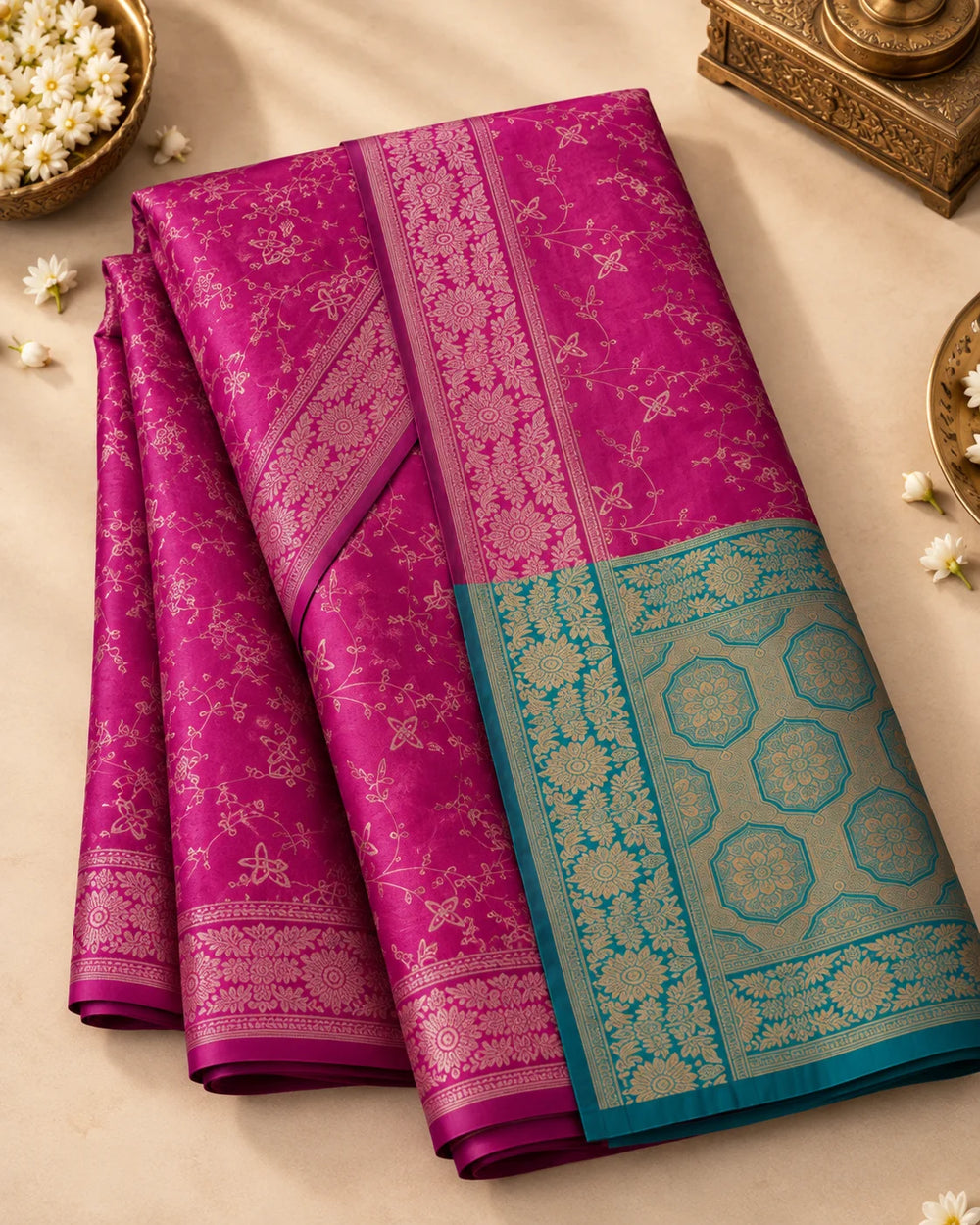 Wine Magenta & Sage Green Woven Silk Saree
