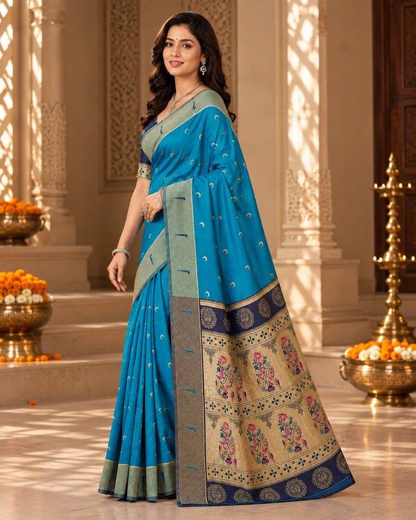 Royal Blue & Antique Gold Printed Silk Saree