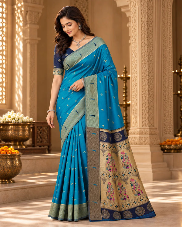 Royal Blue & Antique Gold Printed Silk Saree
