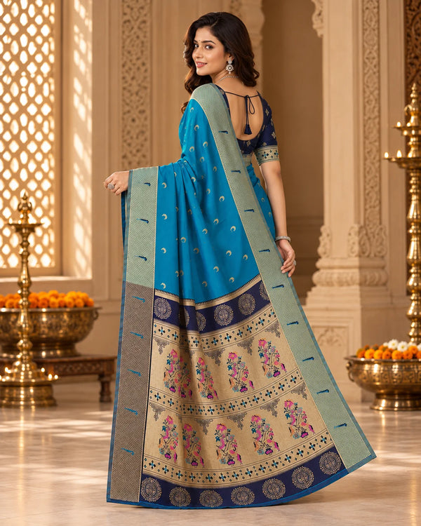 Royal Blue & Antique Gold Printed Silk Saree