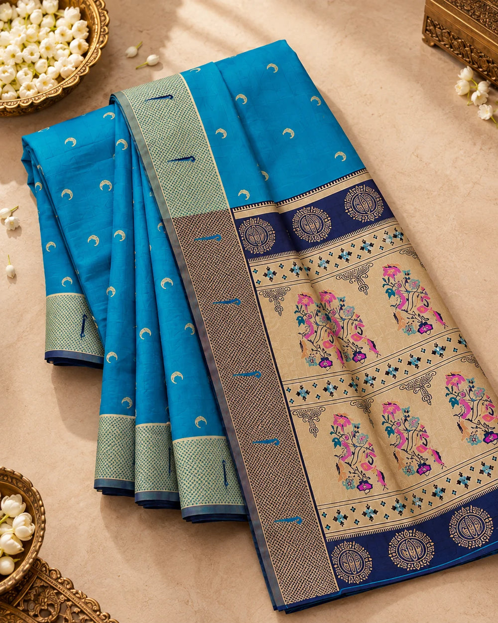 Royal Blue & Antique Gold Printed Silk Saree