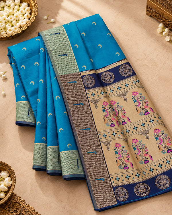 Royal Blue & Antique Gold Printed Silk Saree