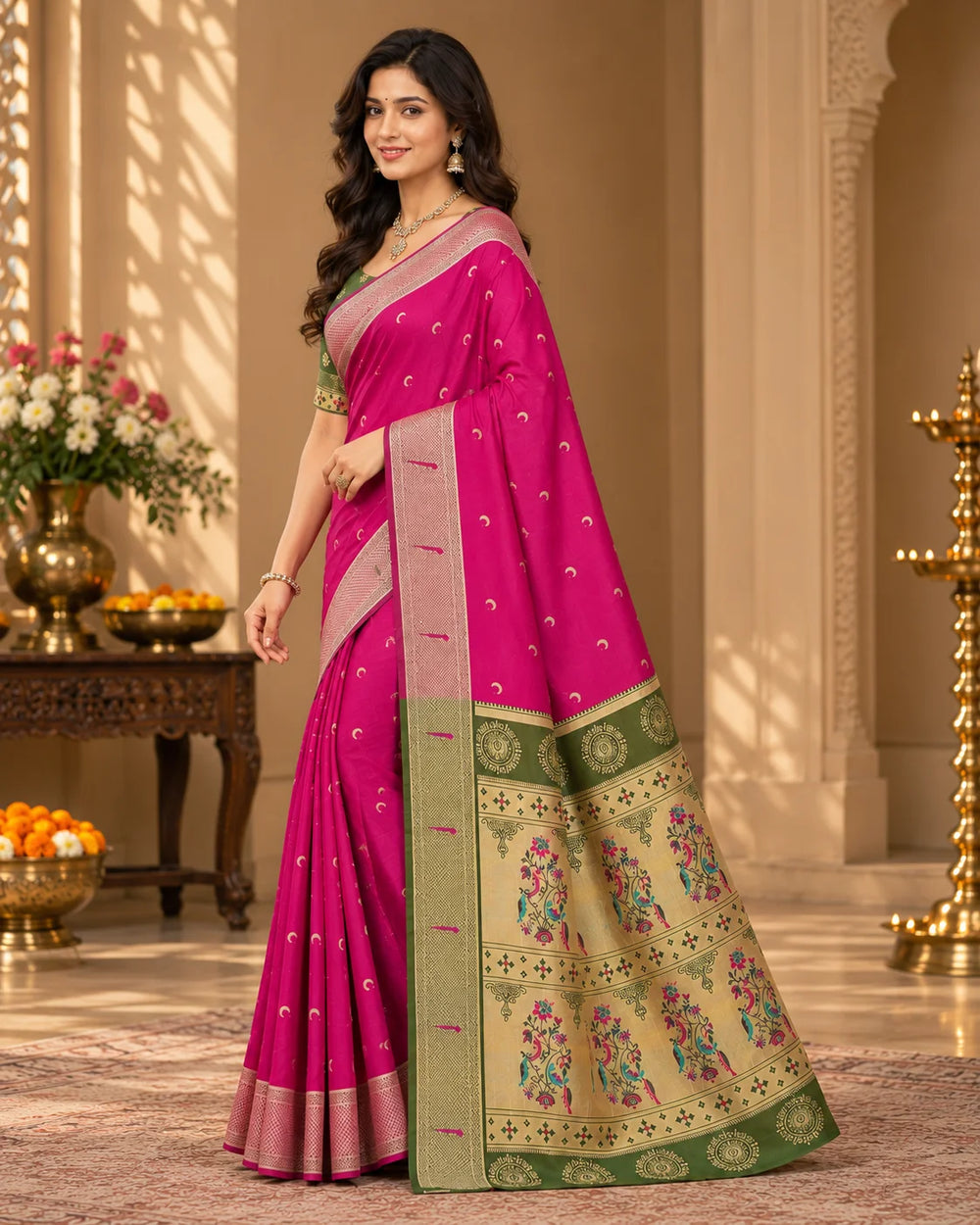 Fuchsia Pink & Olive Green Woven Silk Saree