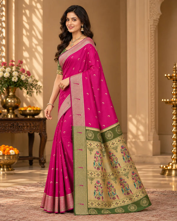 Fuchsia Pink & Olive Green Woven Silk Saree
