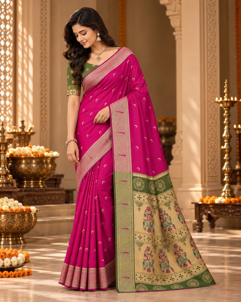 Fuchsia Pink & Olive Green Woven Silk Saree