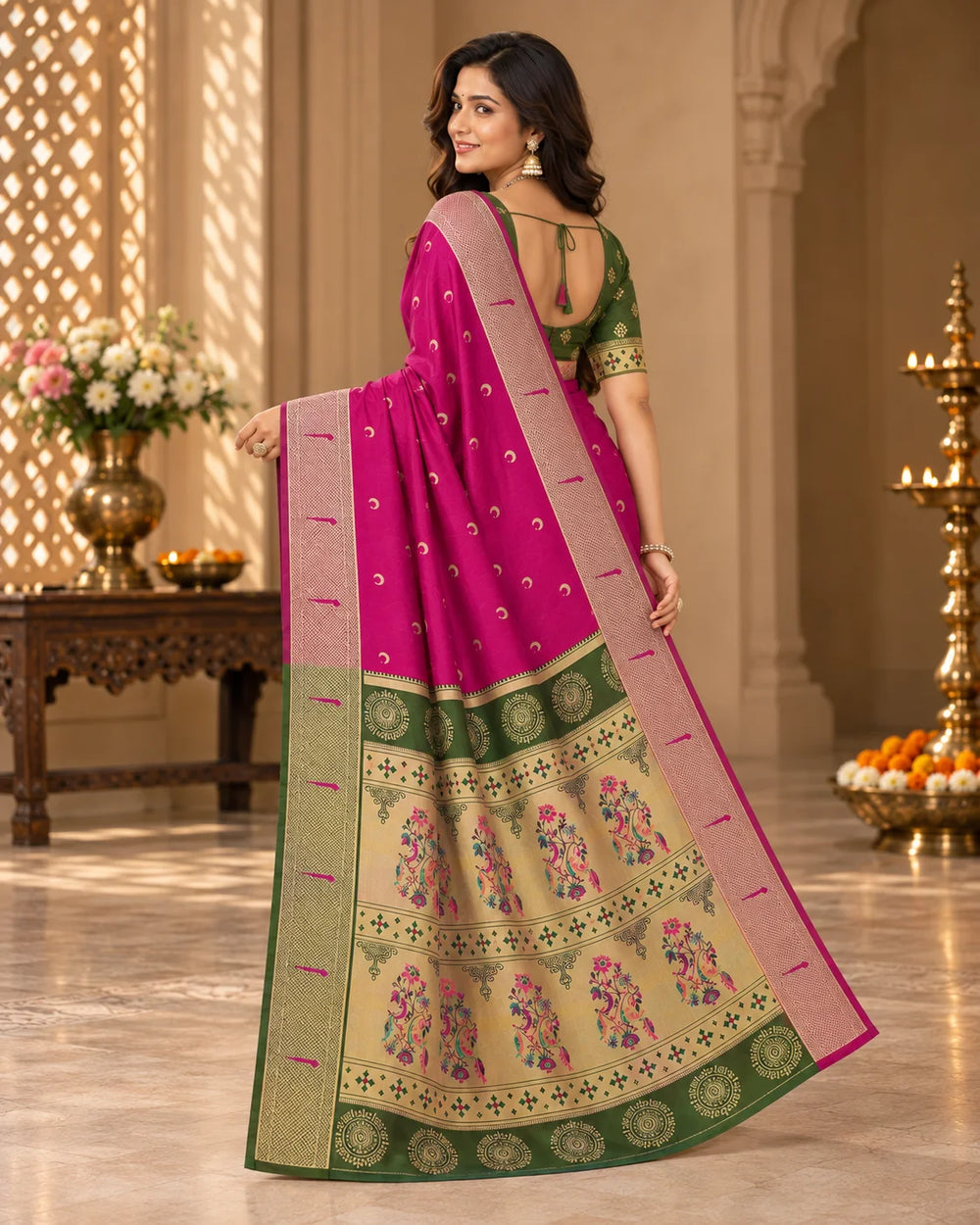 Fuchsia Pink & Olive Green Woven Silk Saree
